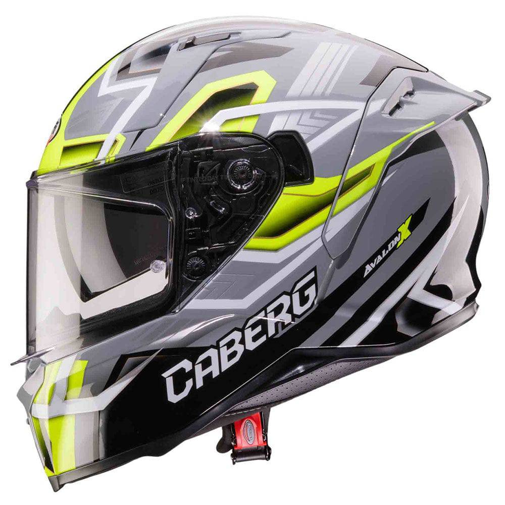 Grauer und schwarzer Caberg Integralhelm Avalon X Brama mit Fluo-Gelb-Details, sichtbare Visier und Belüftungsöffnungen
