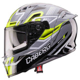 Grauer und schwarzer Caberg Integralhelm Avalon X Brama mit Fluo-Gelb-Details, sichtbare Visier und Belüftungsöffnungen
