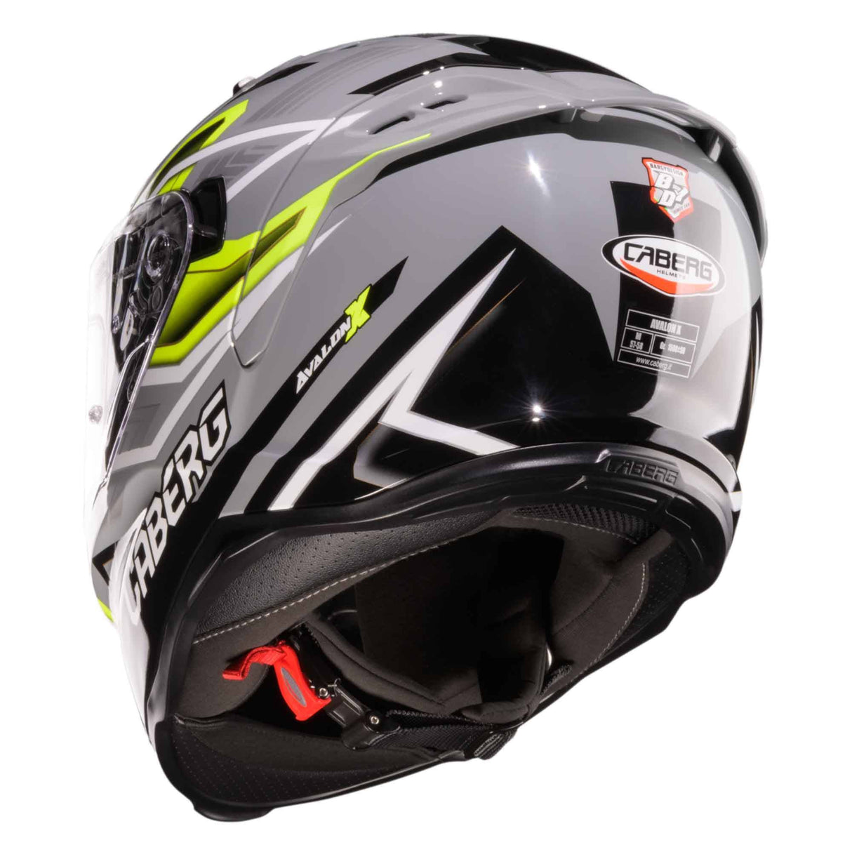 Grauer und schwarzer Caberg Integralhelm Avalon X Brama mit gelb-fluoreszierem Akzent, sichtbare Helmschale und Belüftungsöffnungen