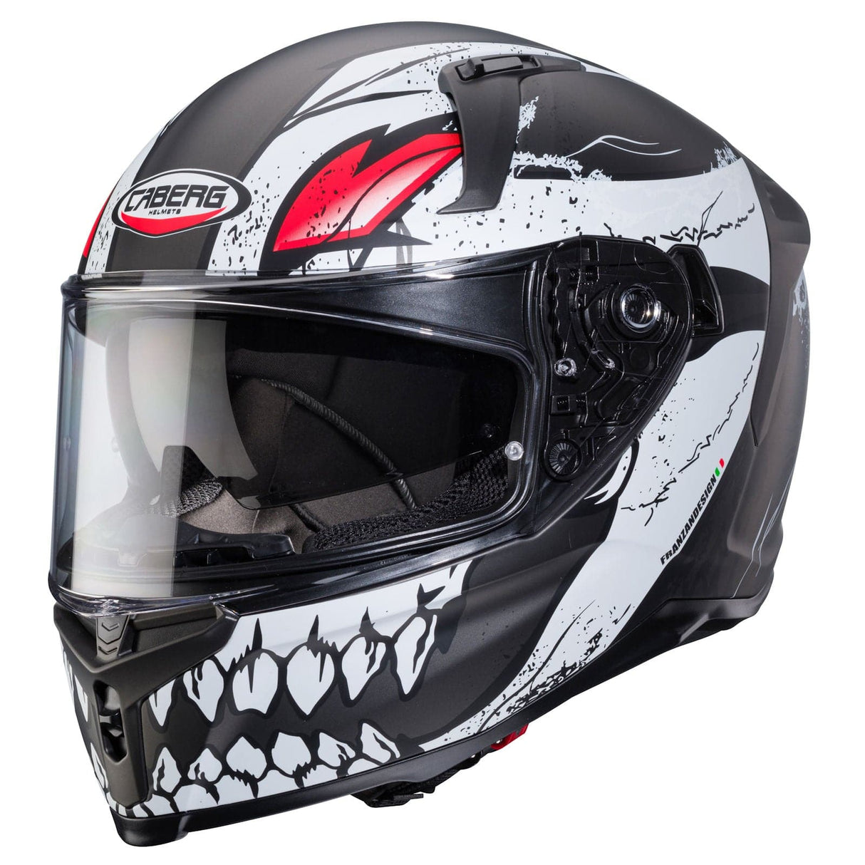 Grauer und schwarzer Caberg Integralhelm Avalon X Punk mit rotem Akzent, mattes Finish, für Motorradfahrer.