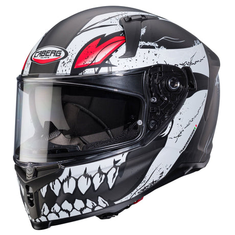 Grauer und schwarzer Caberg Integralhelm Avalon X Punk mit rotem Akzent, mattes Finish, für Motorradfahrer.