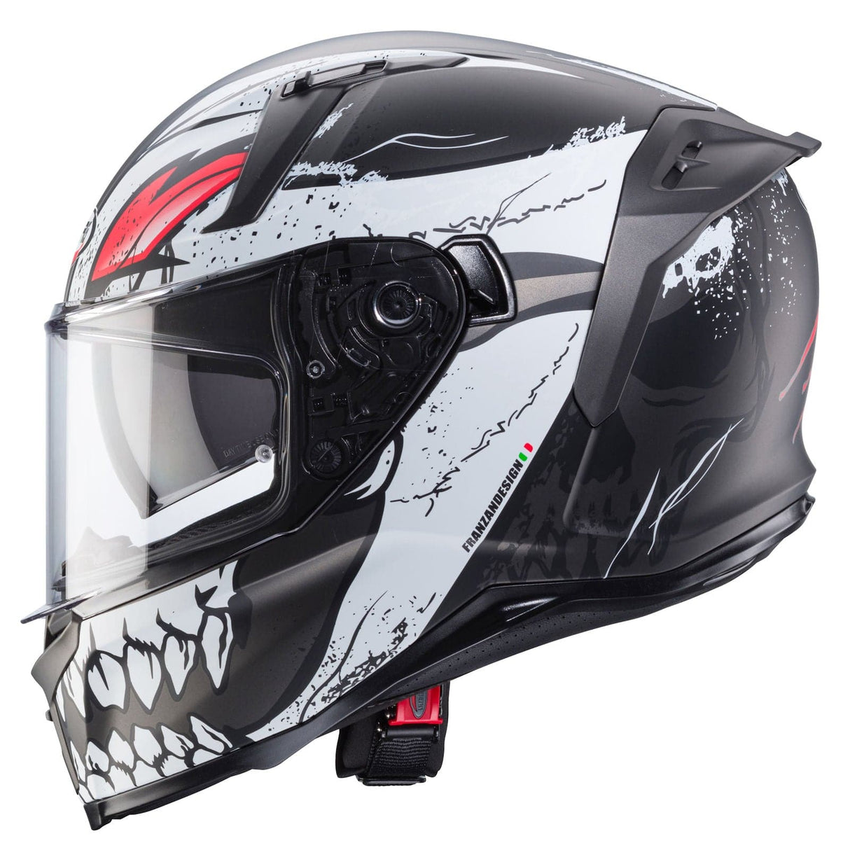 Mattegrauer und schwarzer roter Caberg Avalon X Punk Integralhelm, sichtbare Details und Belüftungsöffnungen
