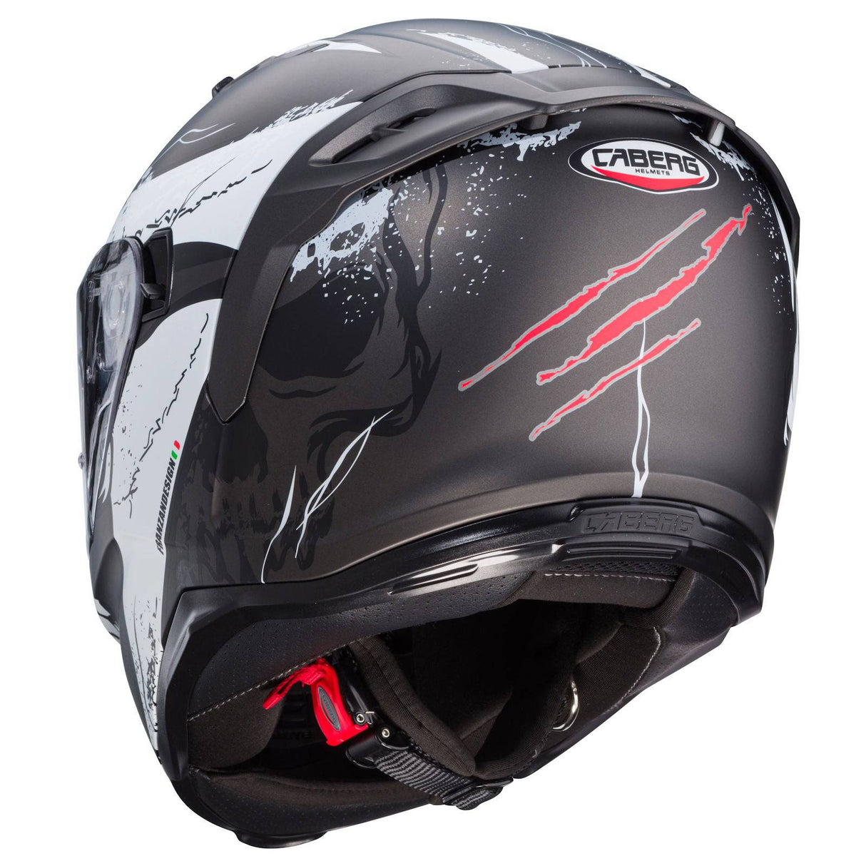 Matte grauer und schwarzer Caberg Avalon X Punk Integralhelm mit roten Akzenten, Sichtfeld und Belüftungsöffnungen sichtbar