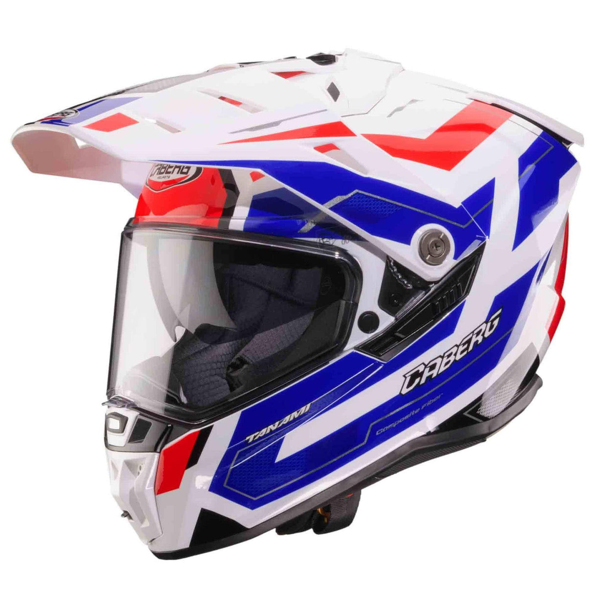 Endurohelm Caberg Tanami Ranger in Weiß, Blau und Rot mit robustem Design und Belüftungssystem, für sicheren Offroad-Fahrspaß.