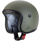 Matt-grüne Caberg Freeride X Jethelm mit klarem Visier und aerodynamischem Design, hochwertiges Motorsport-Headset.