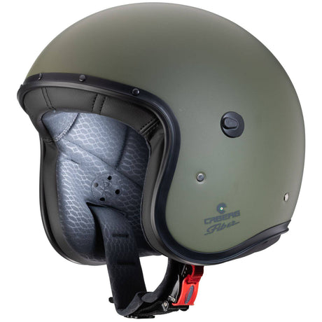 Matt-grüne Caberg Freeride X Jethelm mit klarem Visier und aerodynamischem Design, hochwertiges Motorsport-Headset.