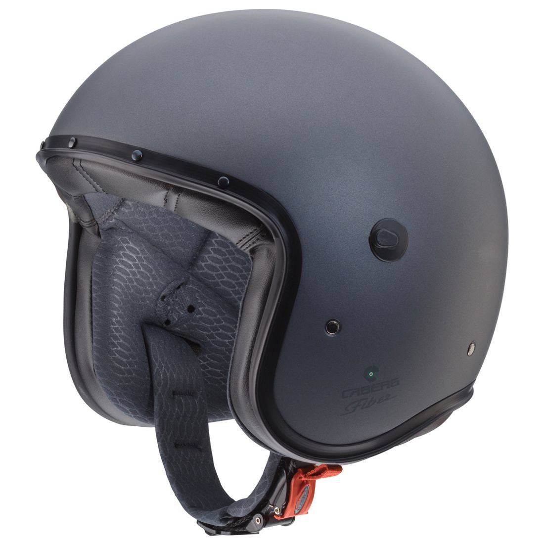 Matt-gun metallic Jethelm von Caberg, Freeride X, mit klarer Visier und modernem Design, auf einem neutralen Hintergrund.