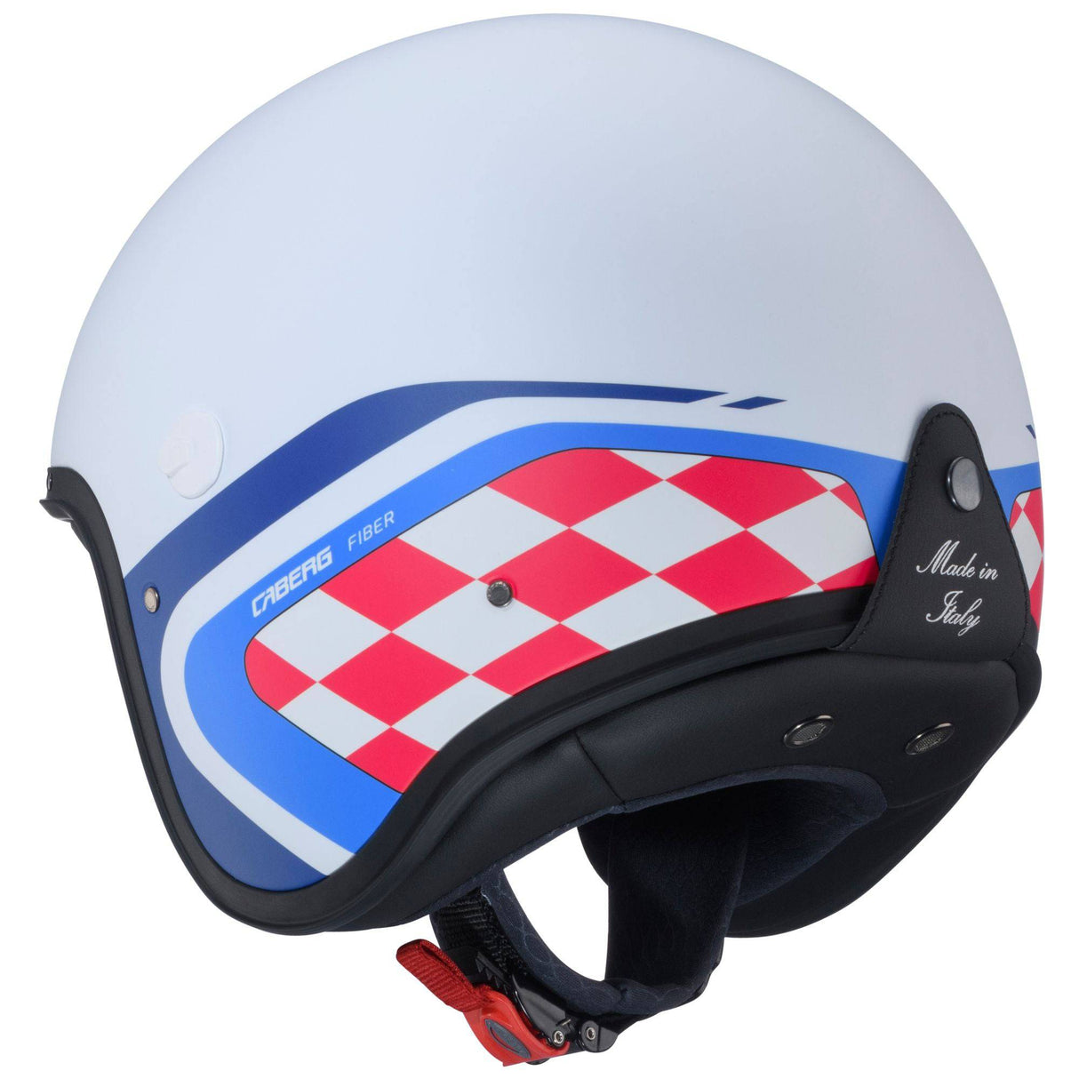 Matt-weißer und blauer Jethelm Caberg Freeride X Daytona mit roten Akzenten, helle, sportliche Motorradhelm-Designs.
