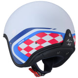 Matt-weißer und blauer Jethelm Caberg Freeride X Daytona mit roten Akzenten, helle, sportliche Motorradhelm-Designs.