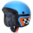 Mattblaue und schwarze Jethelm von Caberg Freeride X Daytona mit orangefarbenen Akzenten, Sichtscheibe und komfortablem Design.
