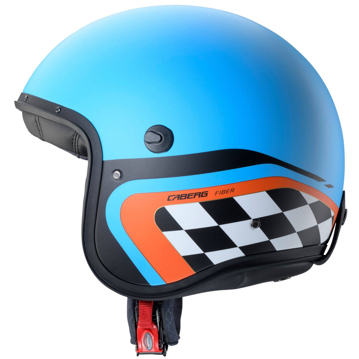 Matte hellblaue und schwarz-orange Caberg Jethelm Freeride X Daytona mit modernem Design und Belüftungssystem.