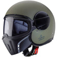 Matt-grüne Jethelm Caberg Ghost X mit klarer Visier, leichter und bequemer Motorradhelm für sicheren Schutz.