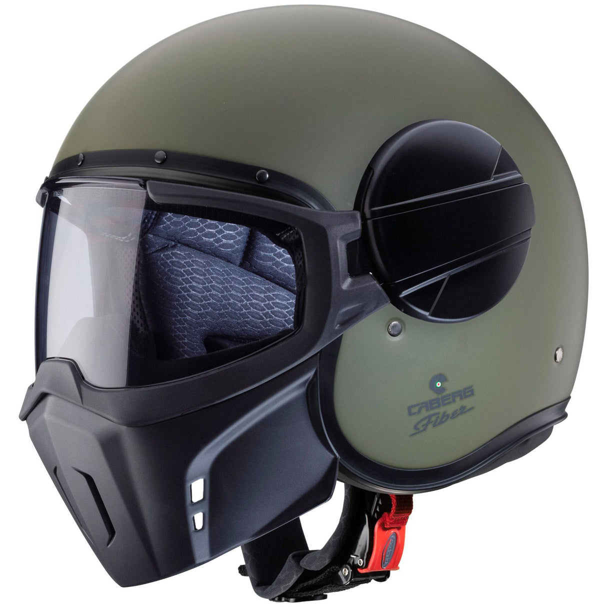 Matt-grüne Jethelm Caberg Ghost X mit klarer Visier, leichter und bequemer Motorradhelm für sicheren Schutz.