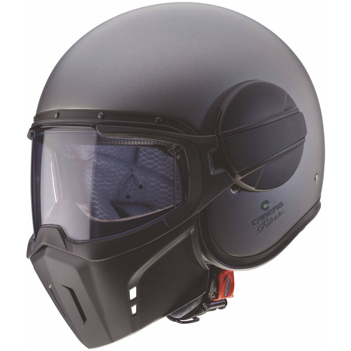 Matt-graue Caberg Ghost X Jethelm mit metallic-grauen Akzenten, leichtes Design, komfortabler Sitz und moderne Optik.