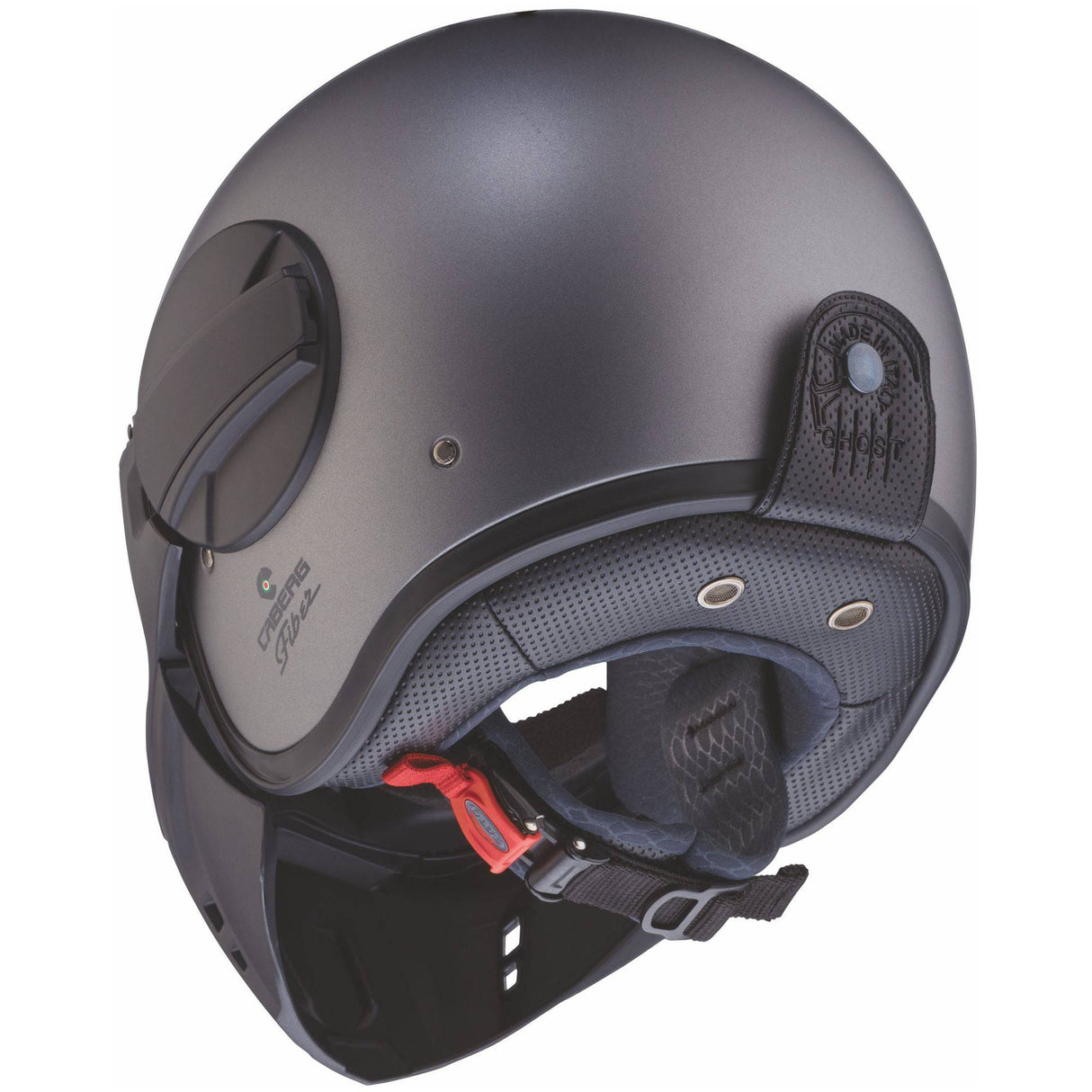 Matte gunmetal Caberg Ghost X Jethelm mit belüftetem Design und klarer Visier, Blick auf die helmschale und Belüftungsöffnungen.