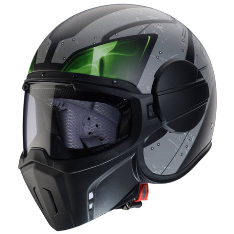 Schwarzer und grau-fluoreszierender Jethelm Ghost X Vyrus von Caberg, matt-schwarz/grau-fluo-grün, mit visier und Belüftungsöffnungen