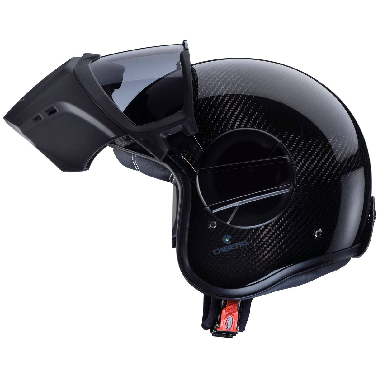 Schwarzer Caberg Ghost X Carbon Jethelm mit klaarem Visier, modernes Design, leichter Carbon-Look, für sicheren Kopfschutz.