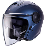Mattblaue Jethelm von Caberg Soho mit klarer Visier und aerodynamischem Design, bequemes Innenfutter, leichtes Gewicht.