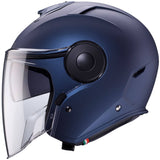 Matt-blauer Jethelm von Caberg Soho mit klarem Visier und komfortabler Passform, stilvoller Schutz für Motorradfahrer.