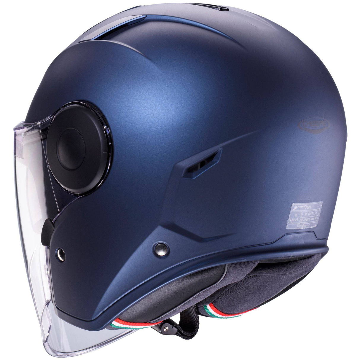 Mattblaue Caberg Jethelm Soho mit aerodynamischem Design und komfortabler Passform, sichtbare Belüftungsöffnungen.