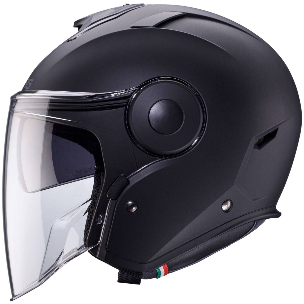 Schwarze matte Jethelm von Caberg Soho mit sportlichem Design und verstellbarer Visieröffnung, auf einem neutralen Hintergrund.