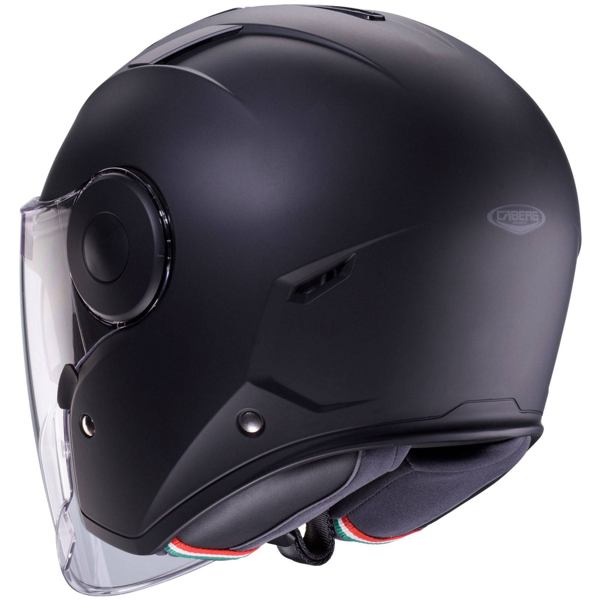 Matte schwarze Jethelm von Caberg Soho, Blick auf das stabile Design und den luftigen Innenraum.