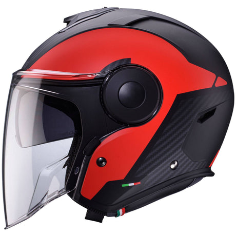 Matt-schwarze und rote Caberg Jethelm Soho Milano mit aerodynamischem Design und bequemem Innenfutter.