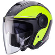 Schwarz-gelbe Caberg Jethelm Soho Milano mit mattem Finish, klare Sicht und komfortables Design, ideal für Motorradfahrer.