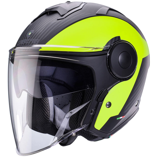 Schwarz-gelbe Caberg Jethelm Soho Milano mit mattem Finish, klare Sicht und komfortables Design, ideal für Motorradfahrer.