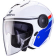 Weiß-blauer und roter Jethelm von Caberg Soho Zephir, stilvoller Motorradhelm mit klarer Sicht und komfortablem Design