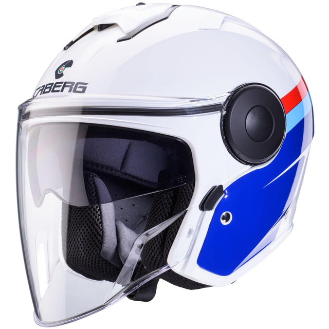 Weiß-blauer und roter Jethelm von Caberg Soho Zephir, stilvoller Motorradhelm mit klarer Sicht und komfortablem Design