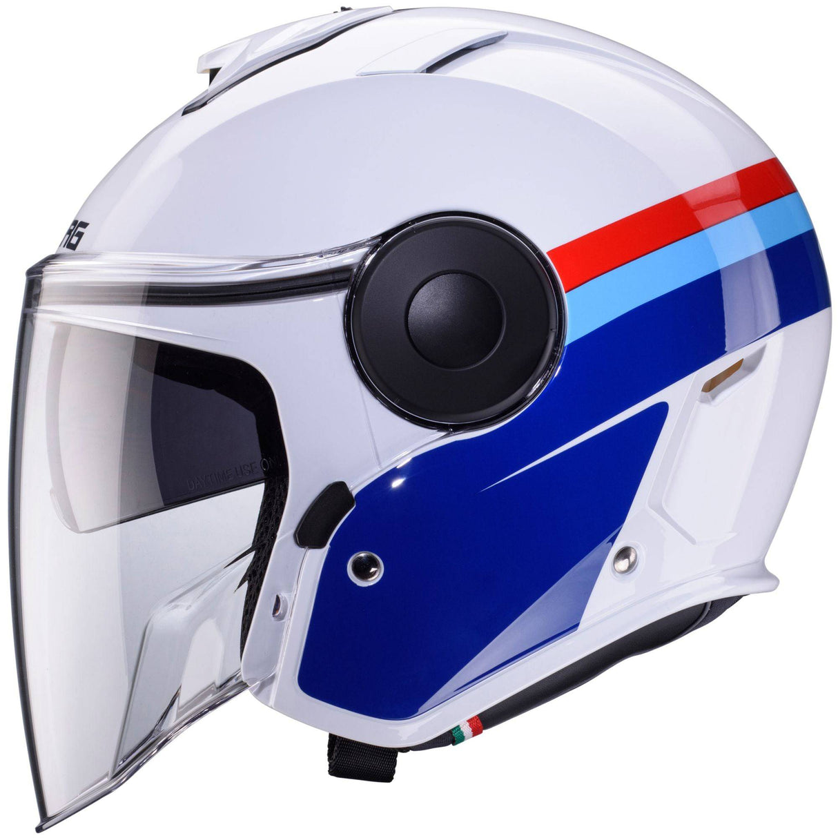 Caberg Jethelm Soho Zephir in Weiß, Blau und Rot, leichtes Design mit klarer Visieröffnung, für Motorradfahrer geeignet