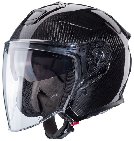 Schwarzer Caberg Flyon II Carbon Jethelm mit glänzendem Finish und aerodynamischem Design, leichte Carbon-Schale.
