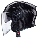 Schwarzer Jethelm Caberg Flyon II Carbon mit aerodynamischem Design und Belüftungssystem, Blick auf das Visier und Belüftungsöffnungen.
