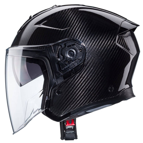 Schwarzer Jethelm Caberg Flyon II Carbon mit aerodynamischem Design und Belüftungssystem, Blick auf das Visier und Belüftungsöffnungen.