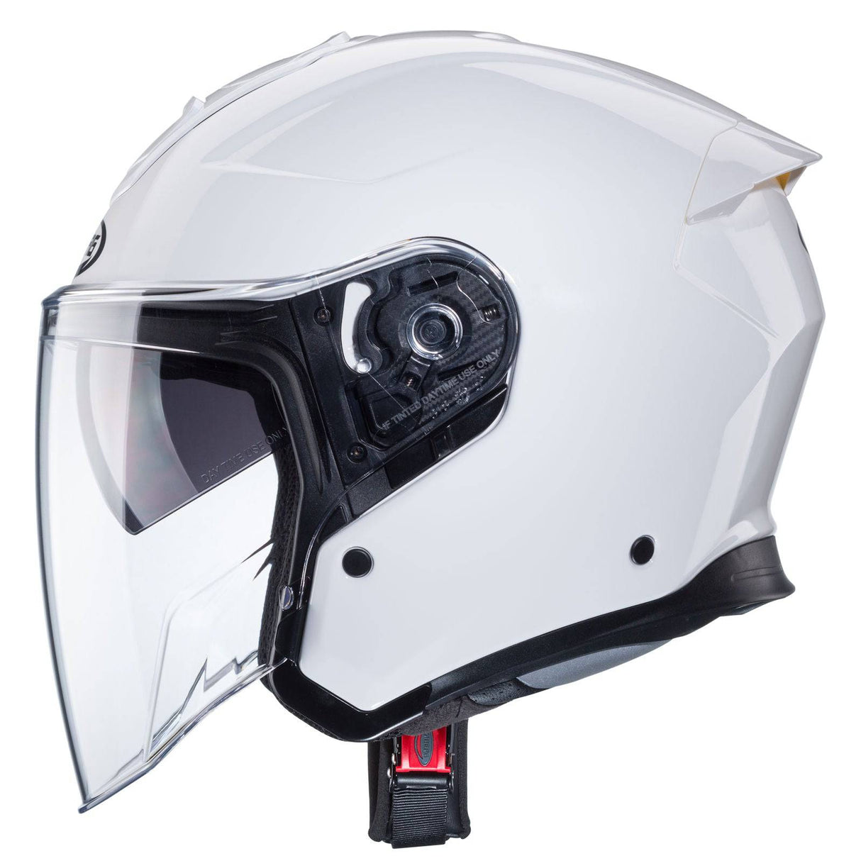 Weißer metallicer Caberg Flyon II Jethelm mit glänzendem Finish und komfortabler Passform, sichtbare Belüftungsöffnungen.