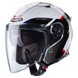 Caberg Jethelm Flyon II Boss in Weiß, Schwarz, Rot und Blau mit aerodynamischem Design und klarem Visier.