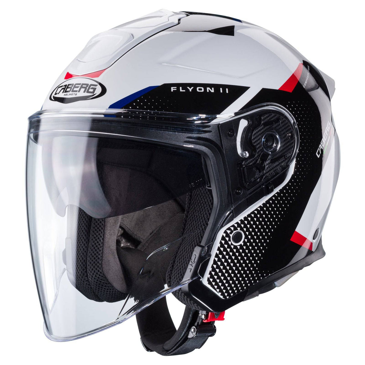 Caberg Jethelm Flyon II Boss in Weiß, Schwarz, Rot und Blau mit aerodynamischem Design und klarem Visier.