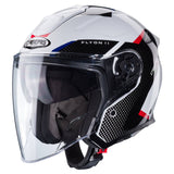 Caberg Jethelm Flyon II Boss in Weiß, Schwarz, Rot und Blau mit aerodynamischem Design und klarem Visier.