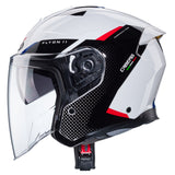 Caberg Jethelm Flyon II Boss in Weiß, Schwarz, Rot und Blau mit aerodynamischem Design und Visier.