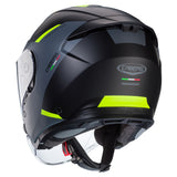 Schwarz-graue matt Caberg Flyon II Boss Jethelm mit Gelb- und Fluo-Akzenten, Sichtfenster und Belüftungsöffnungen.