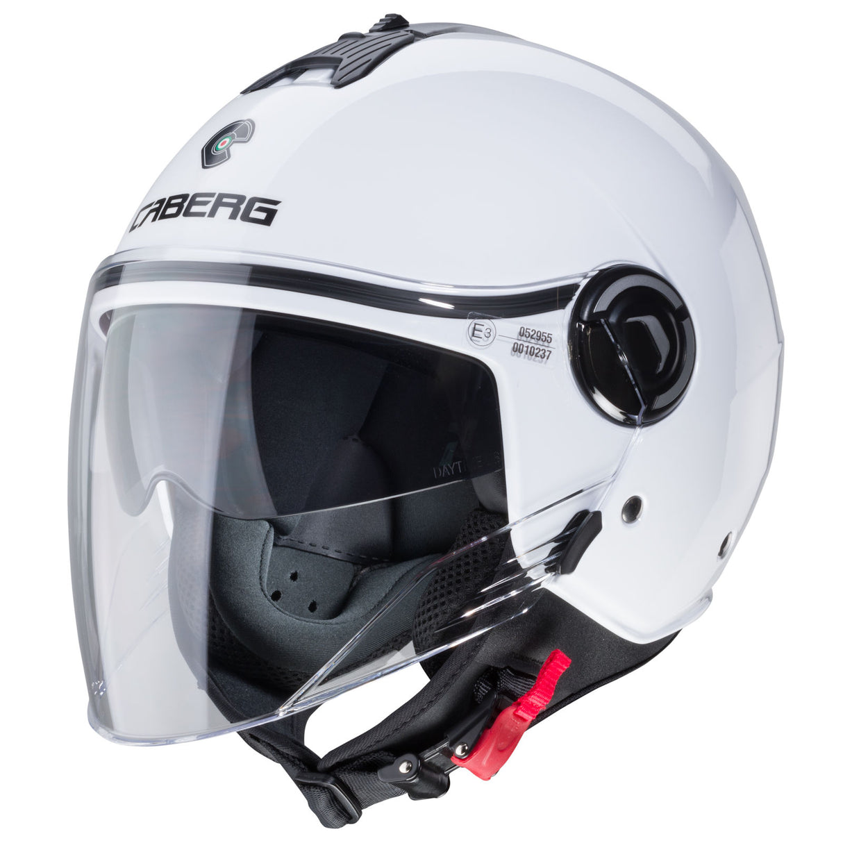 Weißer metallicer Caberg Riviera V4 X Jethelm mit modernem Design, sichtbare Belüftungsöffnungen und klarer Visier.