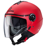 Mattrote Jethelm von Caberg Riviera V4 X mit klarer Visier, leichte und sichere Motorradhelm für komfortables Fahren