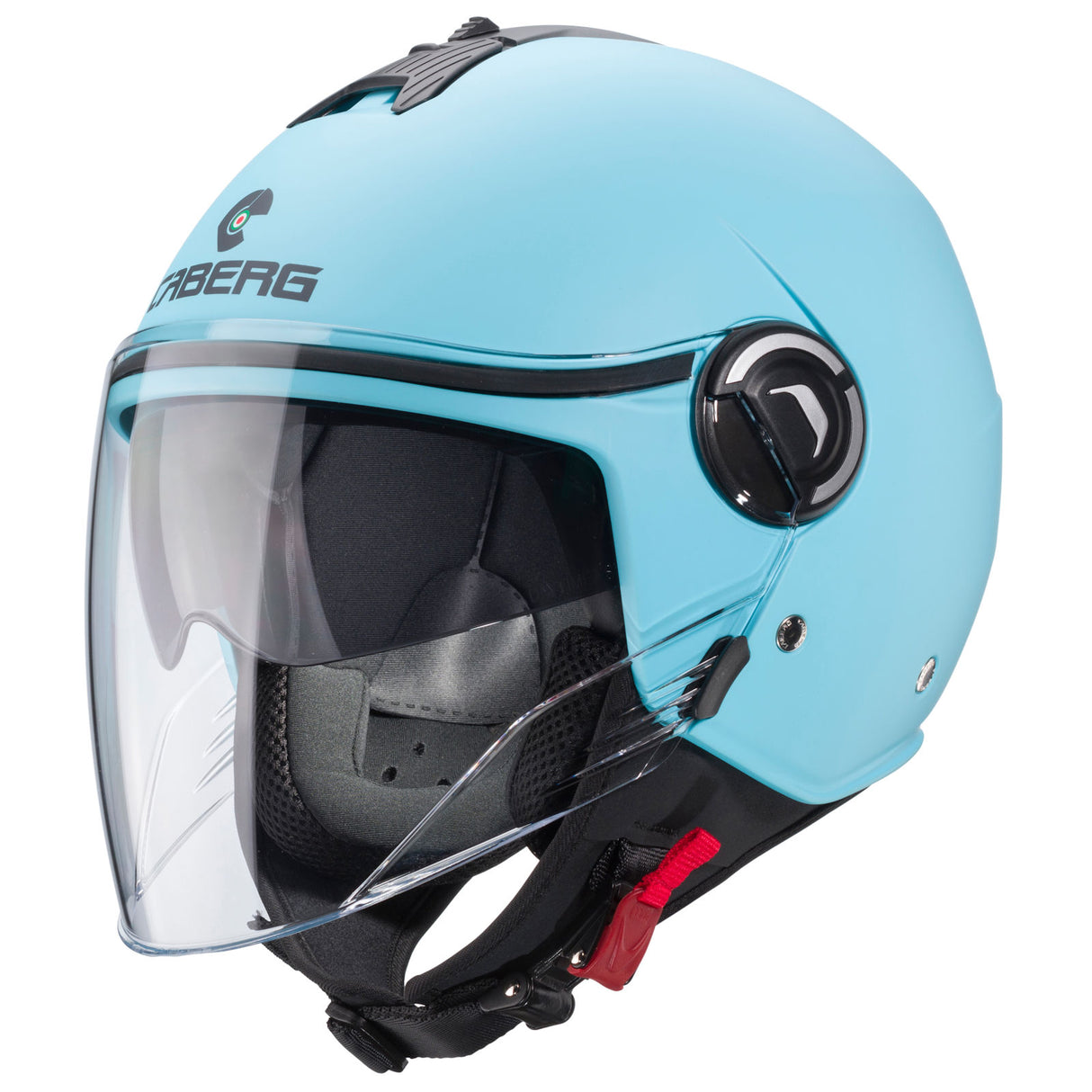 Mann trägt die matte, hellblaue Jethelm Riviera V4 X von Caberg, mit klarem Visier und aerodynamischem Design.