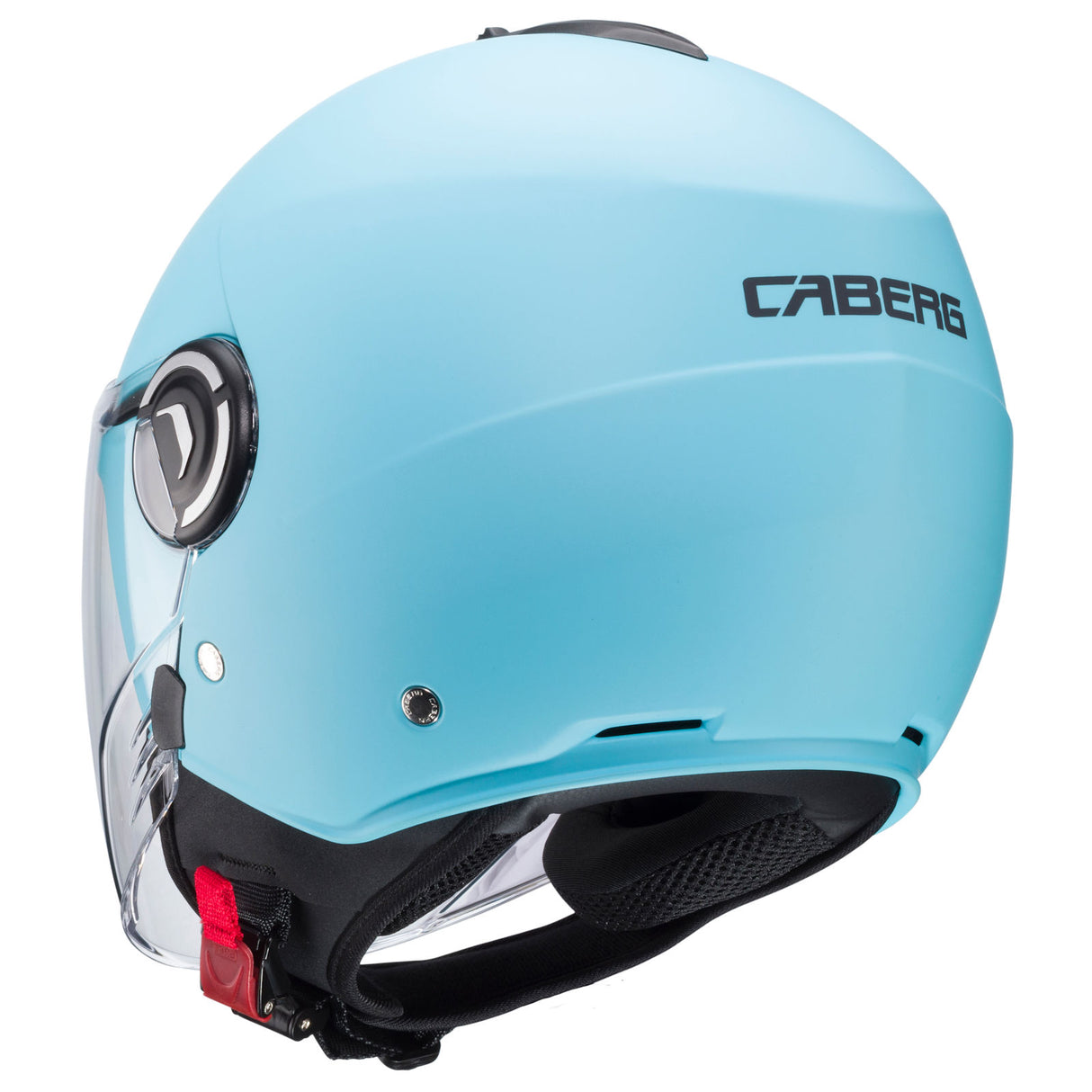 Leichte Caberg Riviera V4 X Jethelm in matt hellblau mit Visier und Belüftung, für sicheren Fahrkomfort.