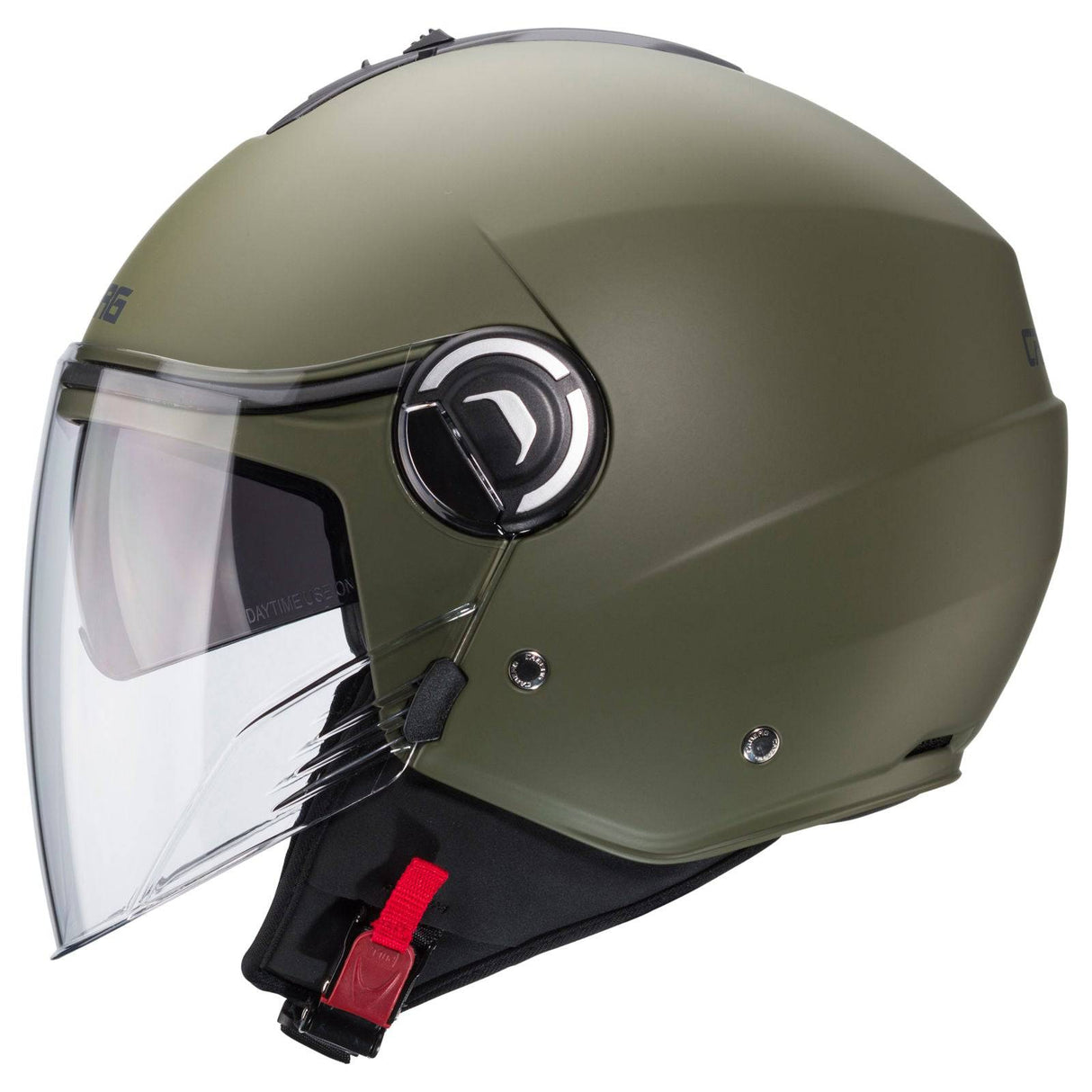 Matt-grüne Jethelm Caberg Riviera V4 X mit klarer Sichtscheibe und komfortabler Passform, ideal für Motorradfahrer.