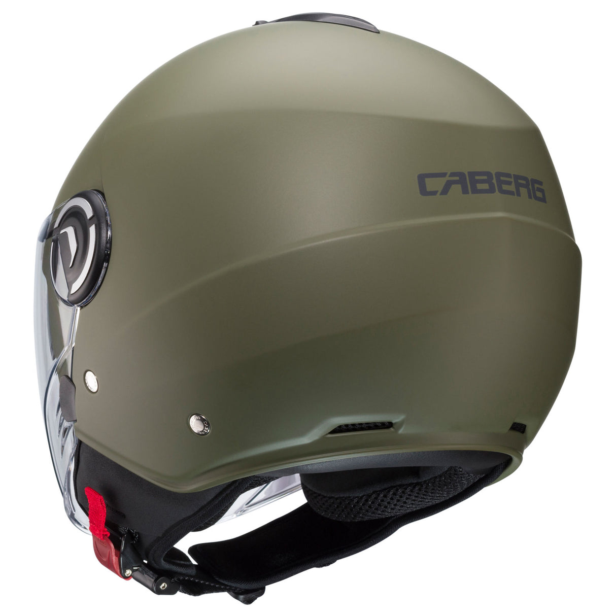 Matt-grüne Jethelm Caberg Riviera V4 X mit Visier und Belüftung, hochwertiges Design für sicheren Fahrkomfort.