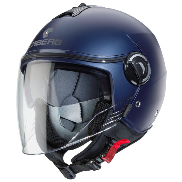 Matt-blauer Jethelm von Caberg Riviera V4 X mit Yama-Design, sichtbares Visier und komfortable Passform.