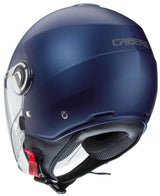 Matte blaue Caberg Riviera V4 X Jethelm mit gelber Visier, leichter Helm für Motorradtouren, komfortabel und sicher.