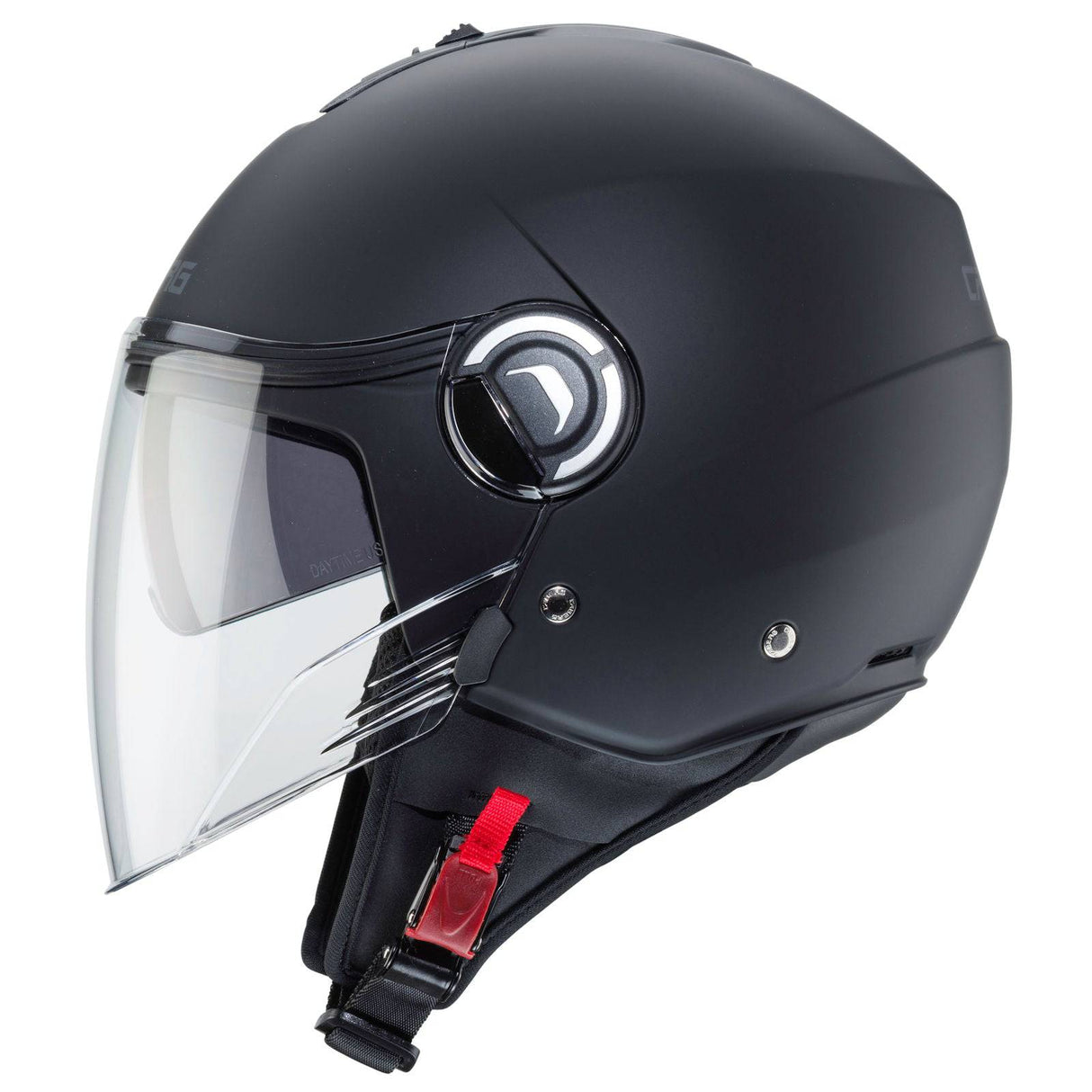 Schwarze Caberg Riviera V4 X Jethelm mit mattem Finish, leichter Helm mit Visier und komfortabler Passform.